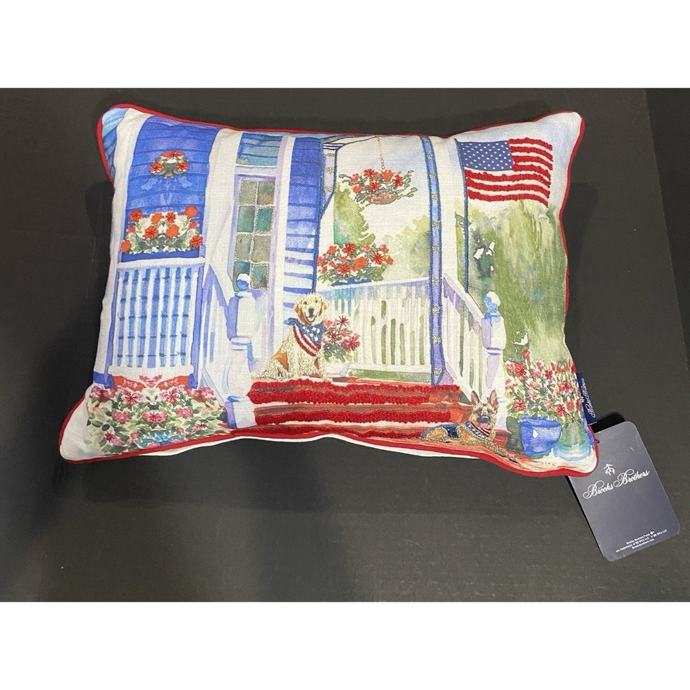 Brooks Brothers Painted Porch Dogs Americana Lumbar Pillow Flag 14x20 NWT Luxury